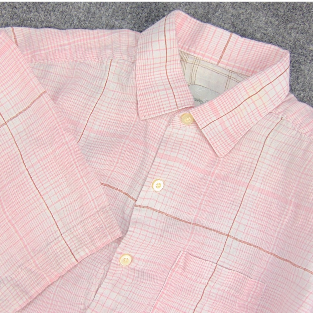 Tommy Bahama Button Up Shirt Mens Med Pink Plaid Short Sleeve Beach Resort